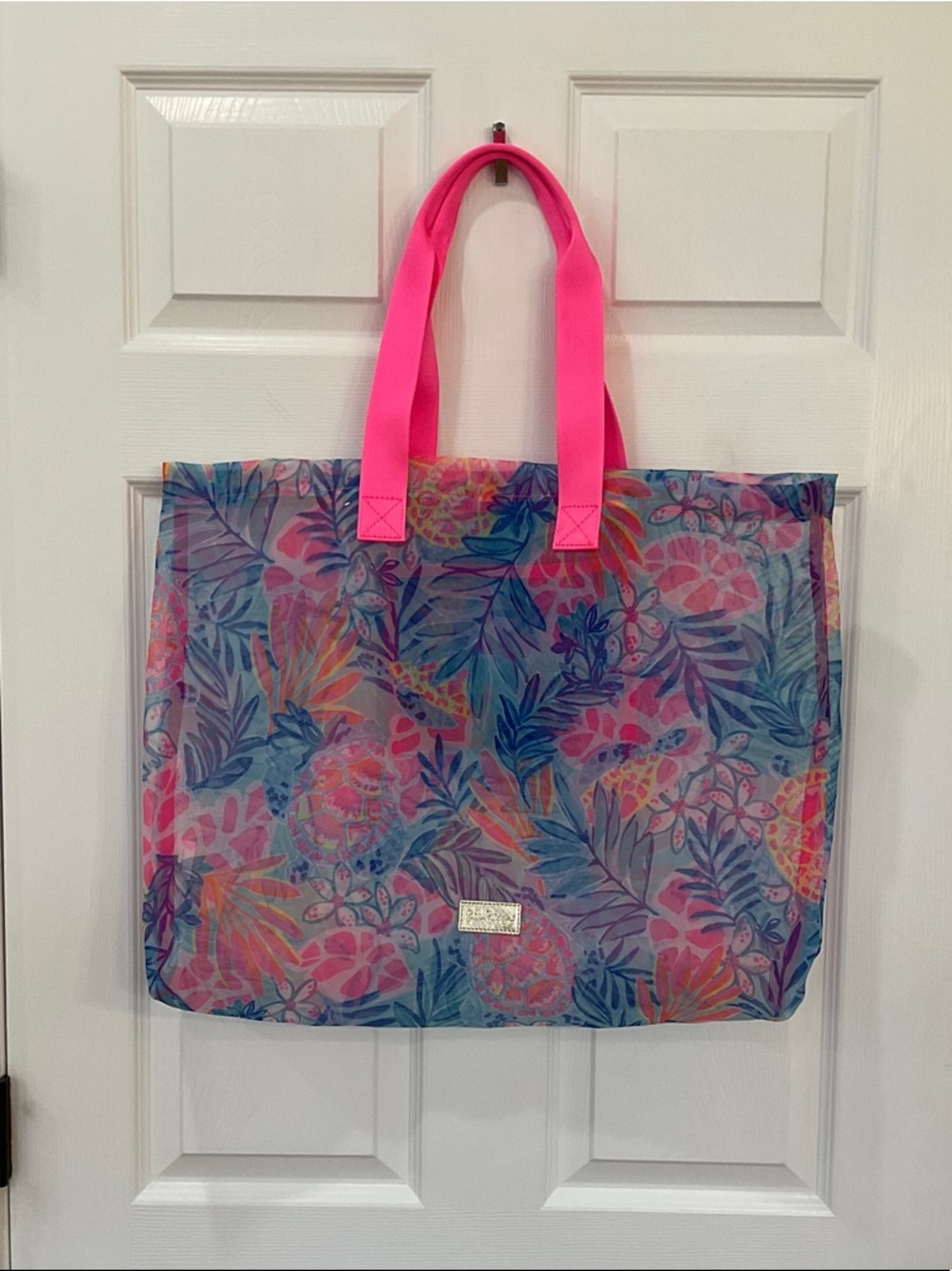 Lilly Pulitzer NWOT Floral Mesh Tote Bag with Hot Pink Handles